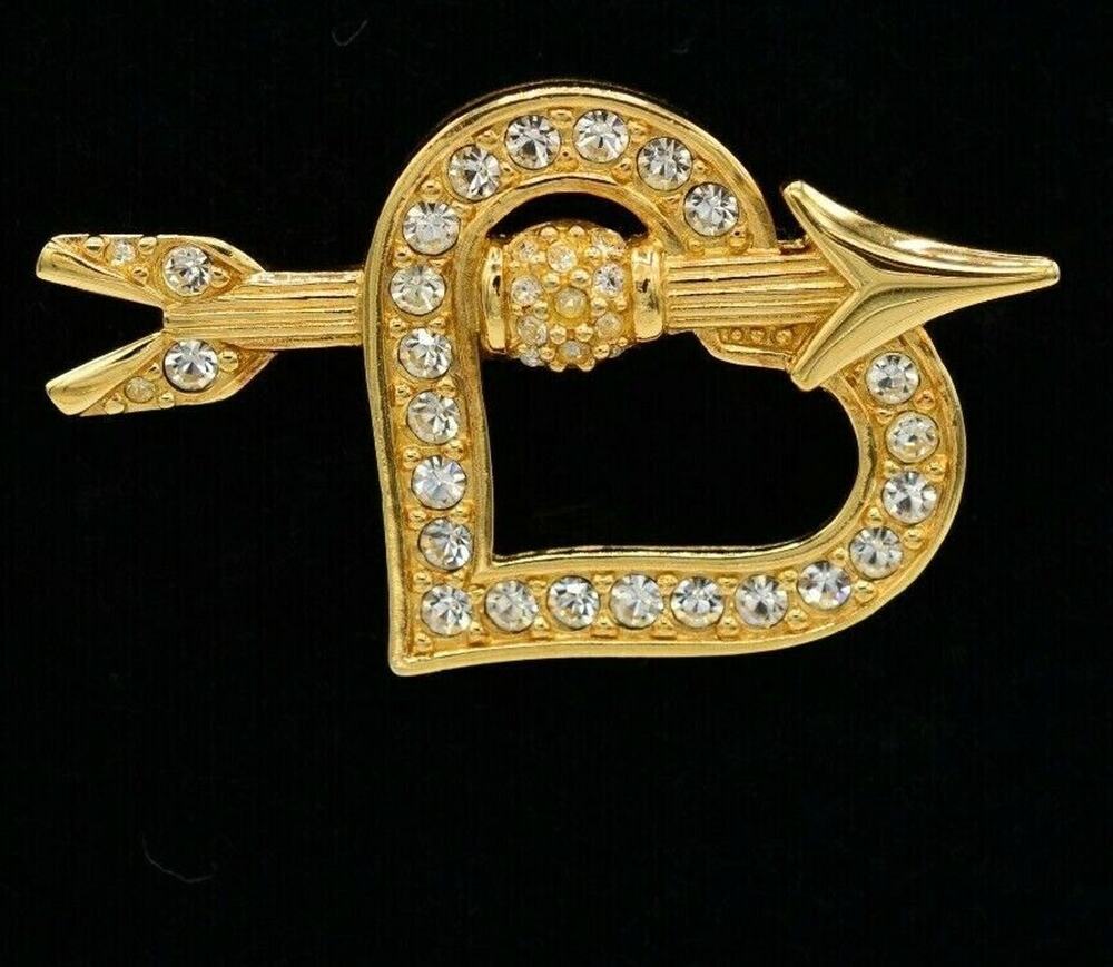 Swarovski Vintage 2" Heart Pin Brooch Arrow Rhinestone Crystal Swan Signed Bin7